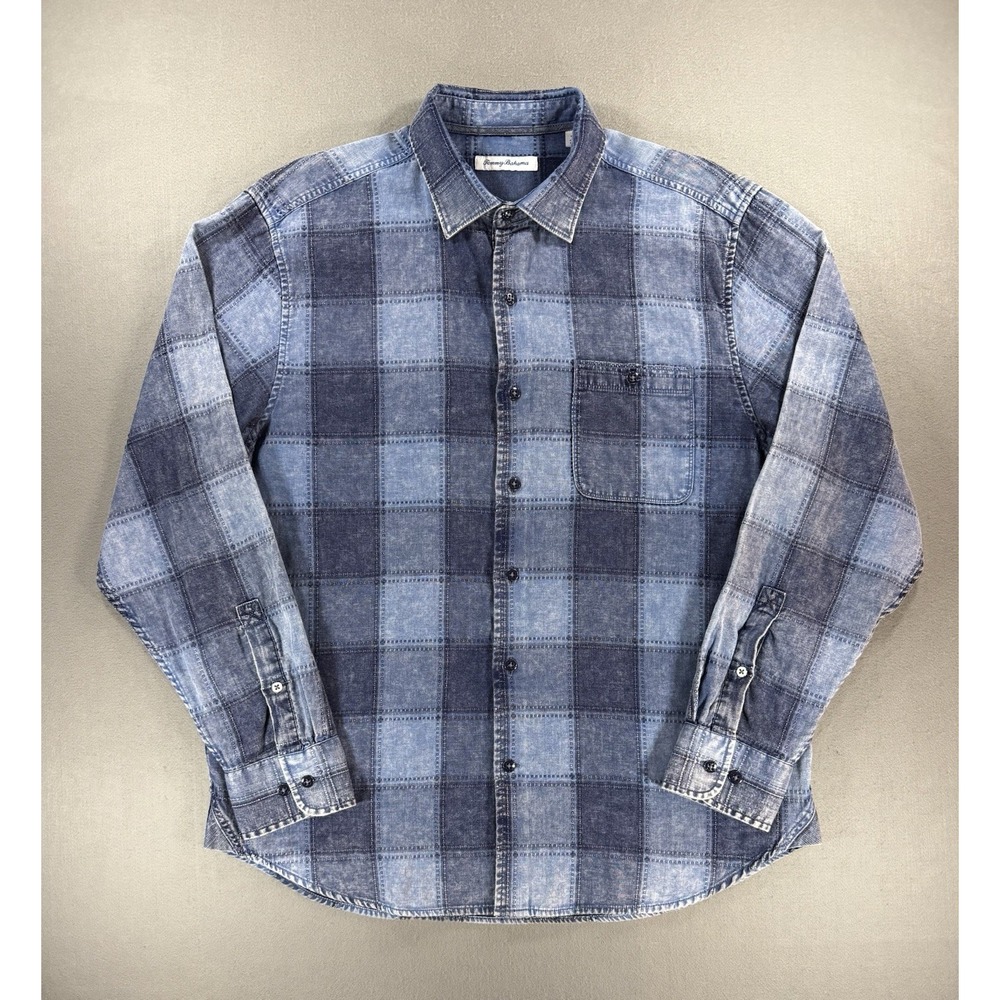 Mens Tommy Bahama Long Sleeve Button Shirt Blue Chambray Patchwork Size Large